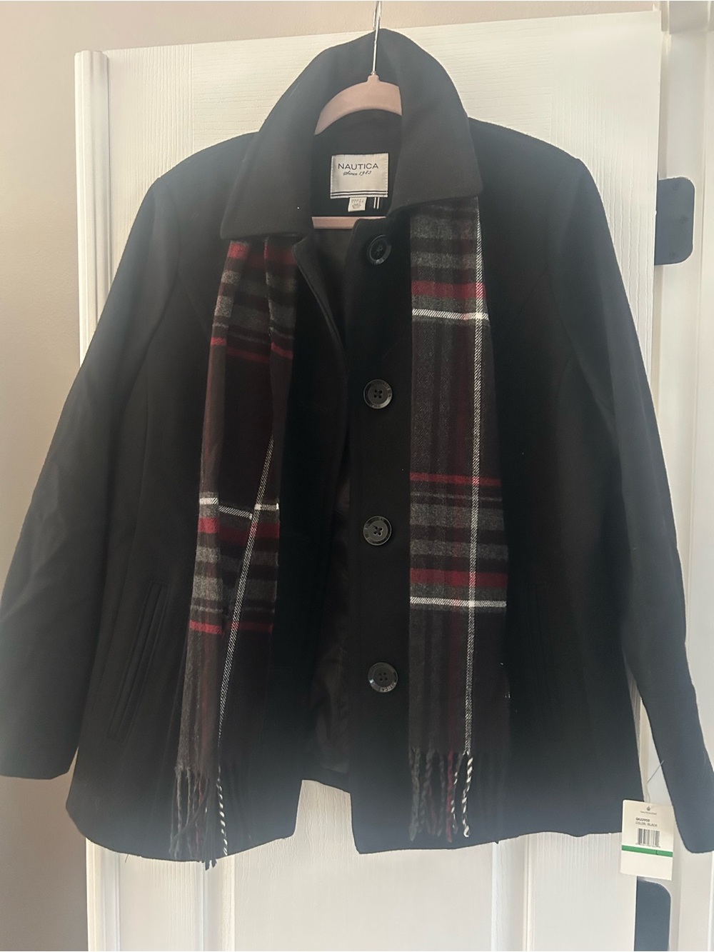 Nautica Black Pea Coat with Attached Plaid Scarf